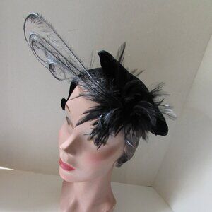 SALE Astounding Vintage Black Velvet Cocktail Hat Soaring Feathers